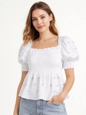Hill House peasant boho top with sparkle beads size Large